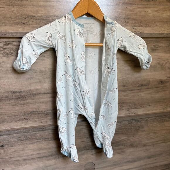 Magnetic Me Blue Zebra Print Kids Footie Onesie 8-12 lbs 0-3 mo preworn great co - Picture 5 of 10